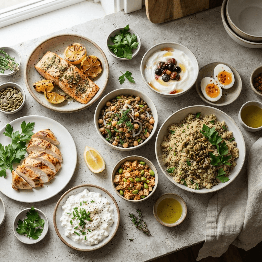 High-protein foods including salmon, chicken, eggs, Greek yogurt, lentils, tofu, edamame, chickpeas and seeds arranged on a kitchen table
