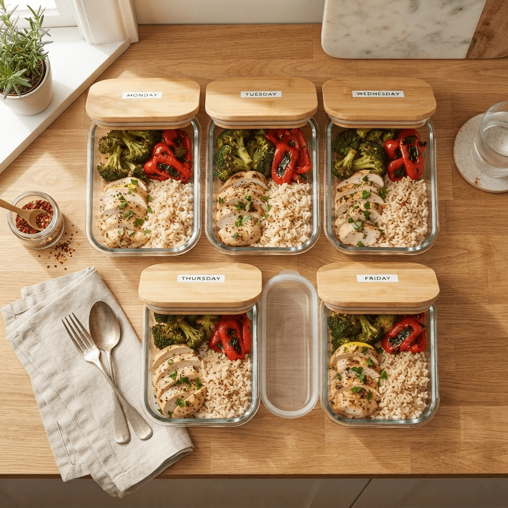 Five clear glass meal prep containers filled with grilled chicken, brown rice and roasted broccoli and peppers arranged on a wooden counter