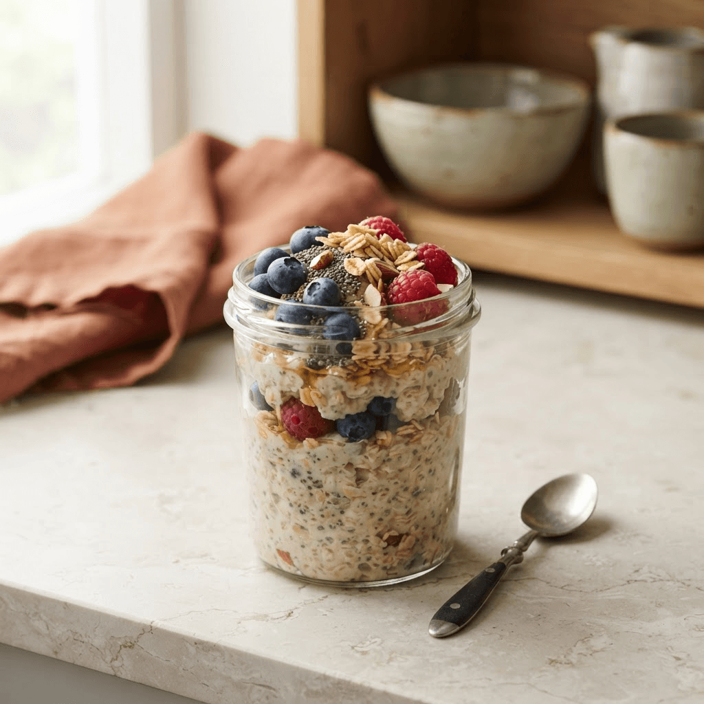 Glass jar of creamy high-protein overnight oats topped with blueberries, raspberries, chia seeds and toasted oats
