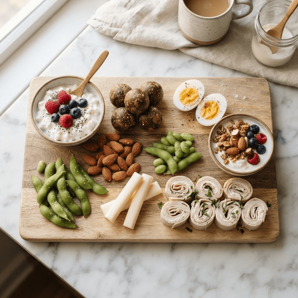 Wooden board covered with no-cook high-protein snacks including cottage cheese with berries, protein energy balls, hard-boiled eggs, edamame, cheese and nuts