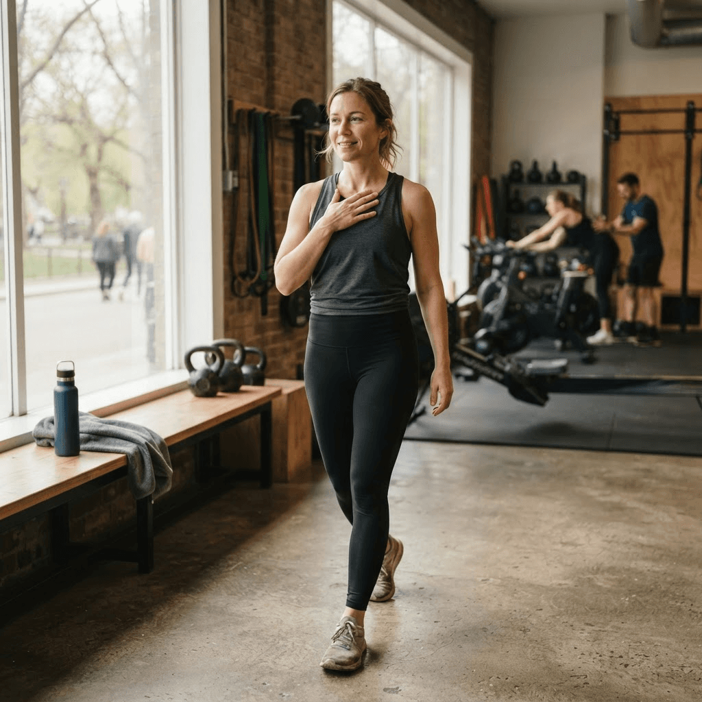 Beginner walking slowly and restoring steady breathing during a post-HIIT cool-down
