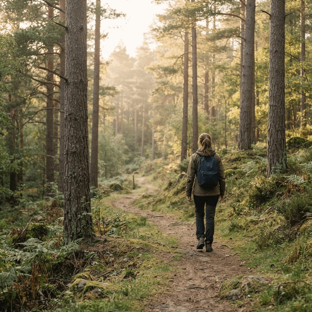 Solo hiker following a gentle pine forest trail in soft early morning light