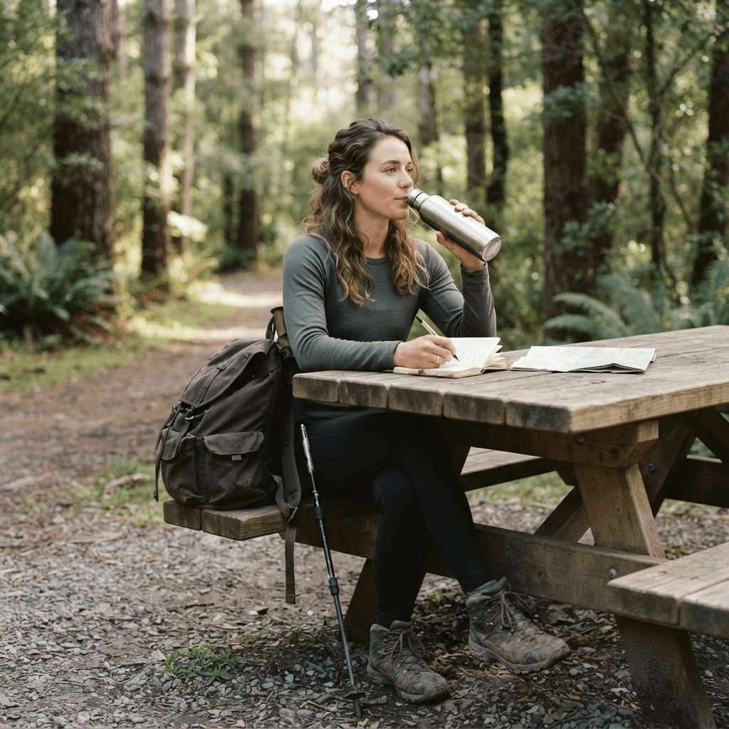 Hiker drinking water and writing a brief note at a trailhead table after a walk