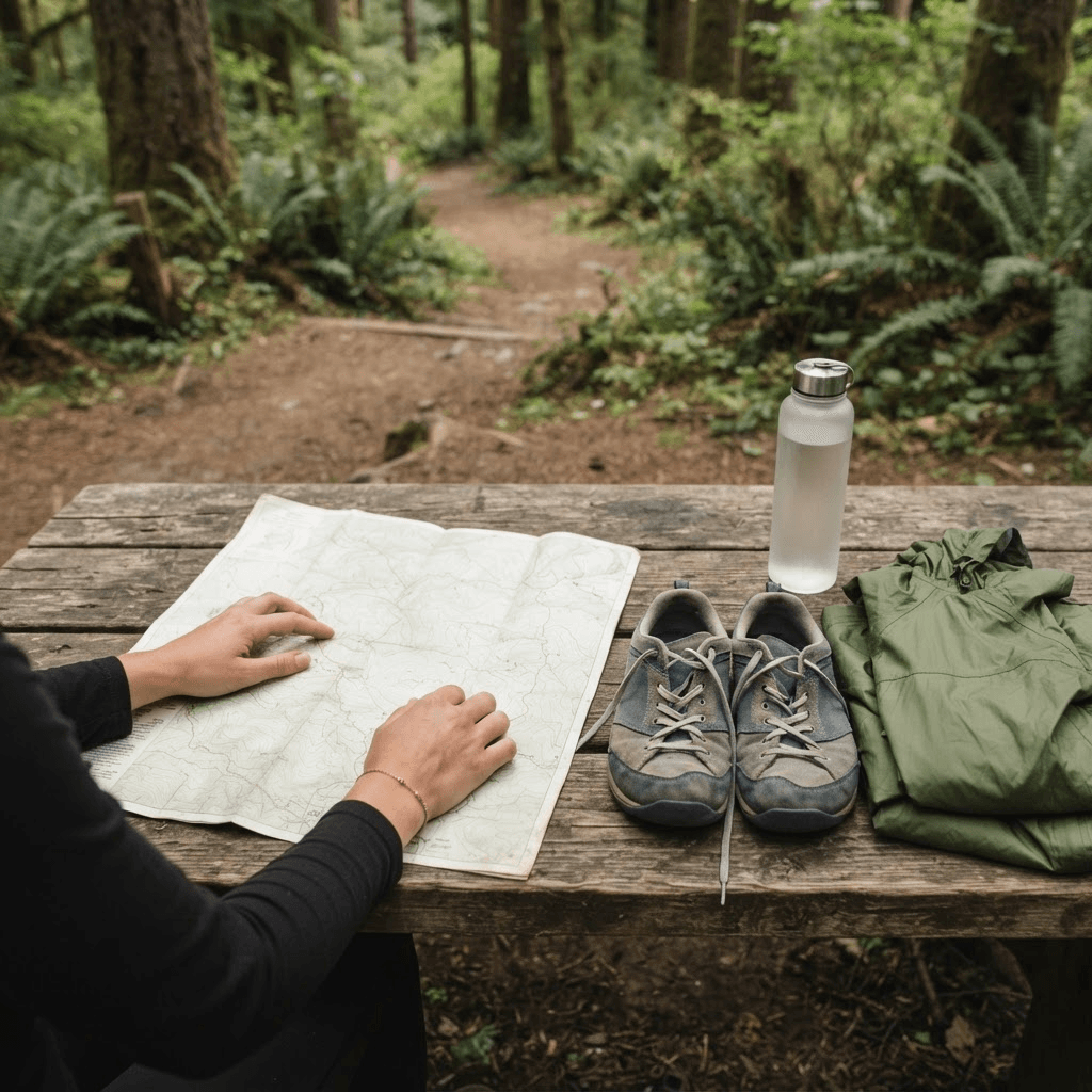 Hands reviewing a trail map beside hiking shoes, water and a rain jacket at a trailhead bench
