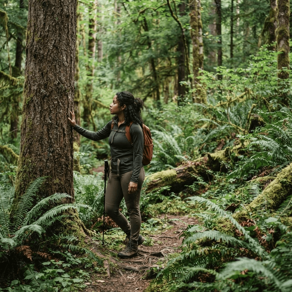 Hiker pausing beside ferns and moss while noticing the texture of tree bark
