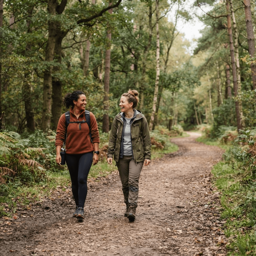 Two friends hiking side by side at an easy pace on a broad woodland trail