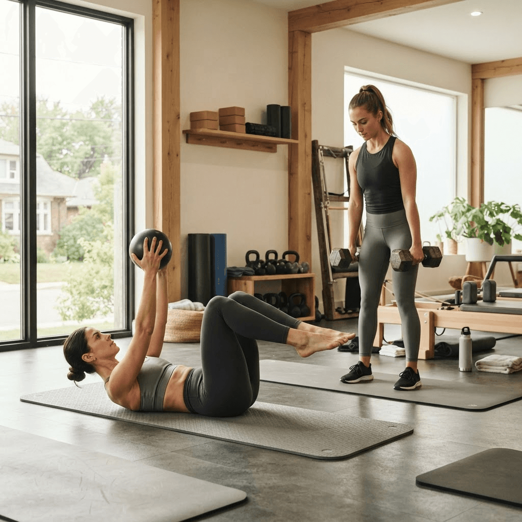 Women combining a Pilates core exercise with dumbbell strength training in one studio session