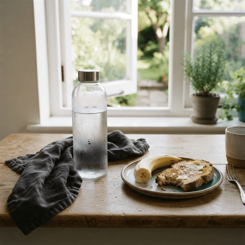 Condensation-covered water bottle beside a towel, banana and salted toast after exercise