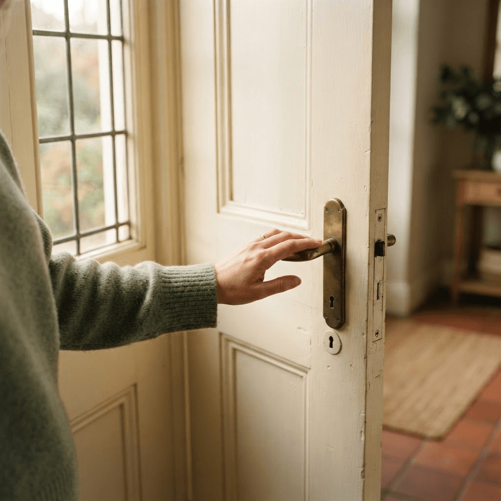 Close-up of a hand pausing on the handle of a warm cream front door in soft daylight