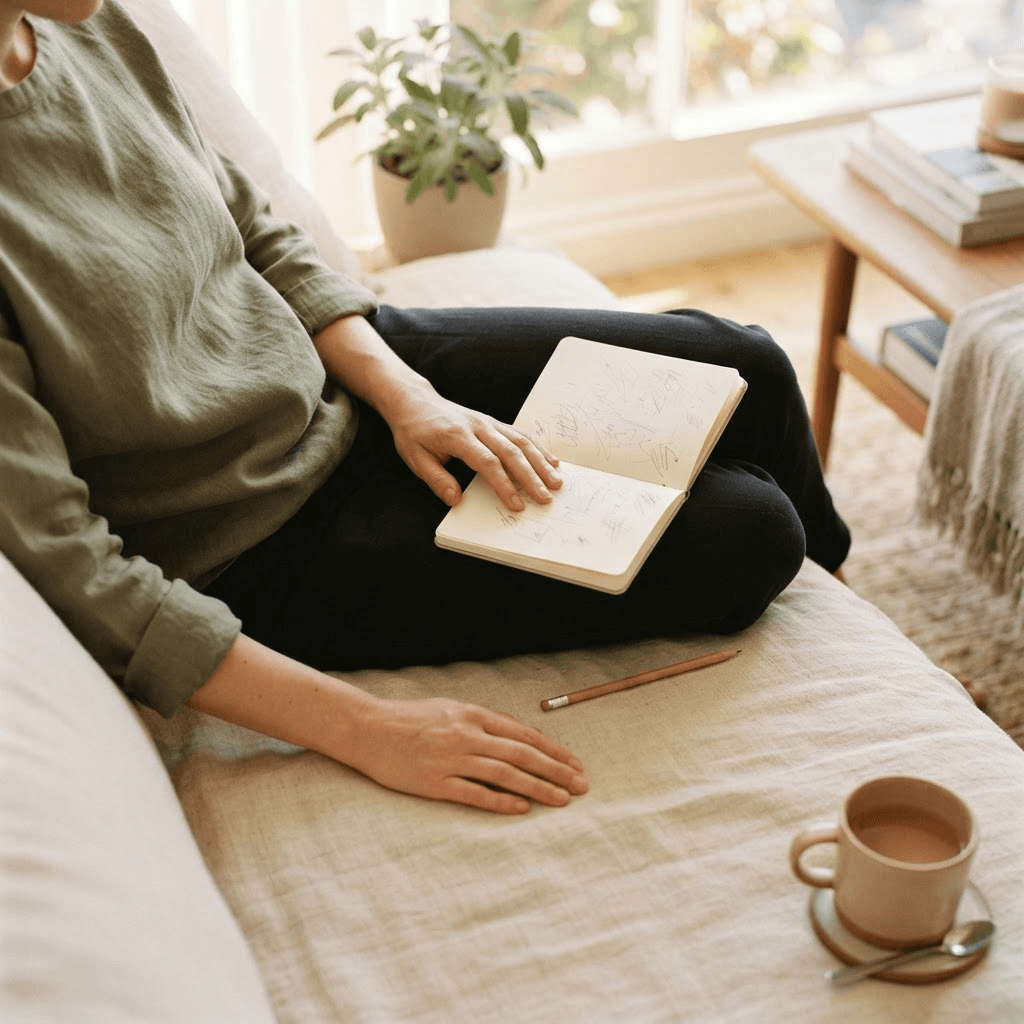 Person sitting on a linen sofa with an open notebook and pencil resting on their knee in warm afternoon light