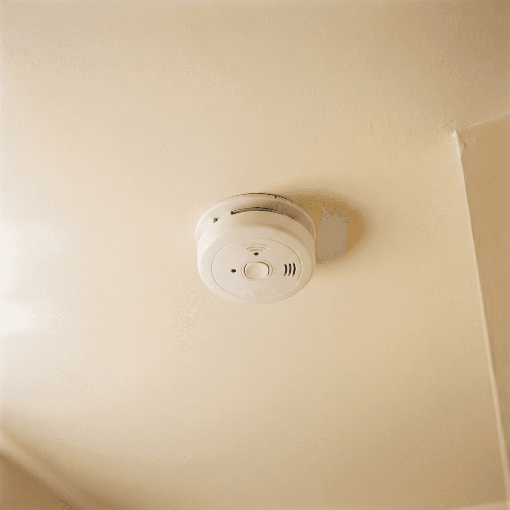 White domestic smoke alarm mounted on a warm cream ceiling, photographed from below in soft afternoon light
