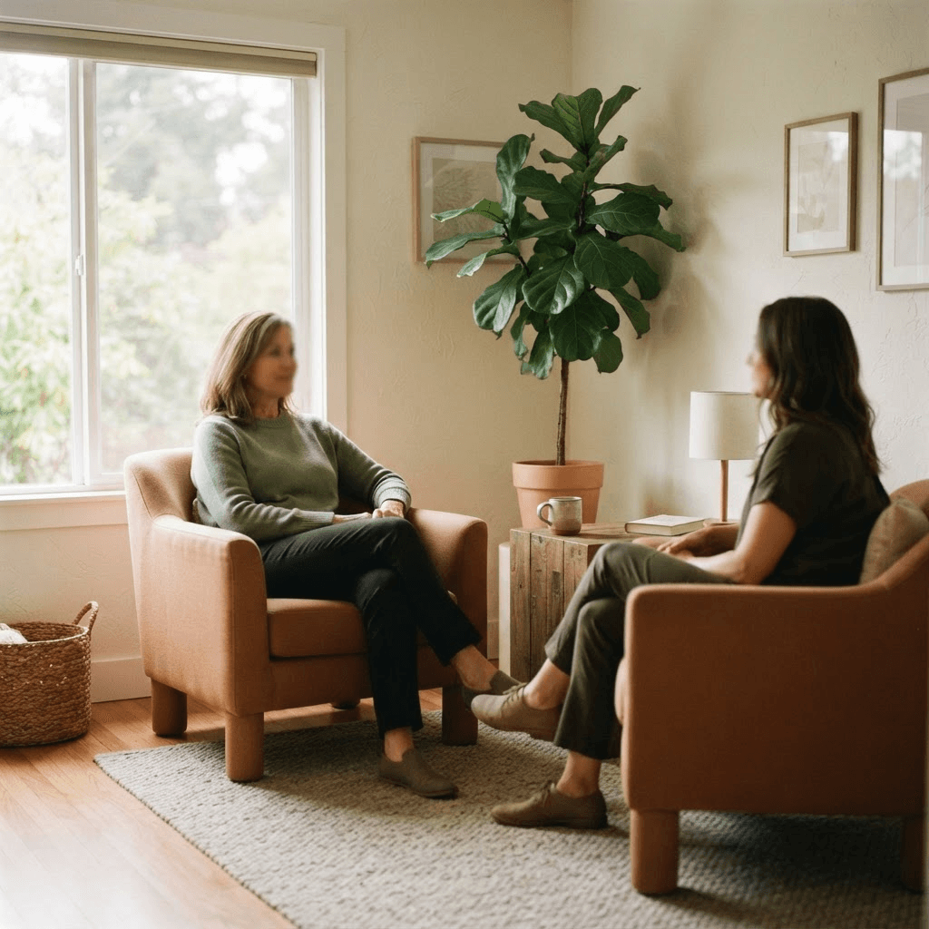 Two people sitting in armchairs facing each other in a warm, softly lit therapy room with a plant and a window