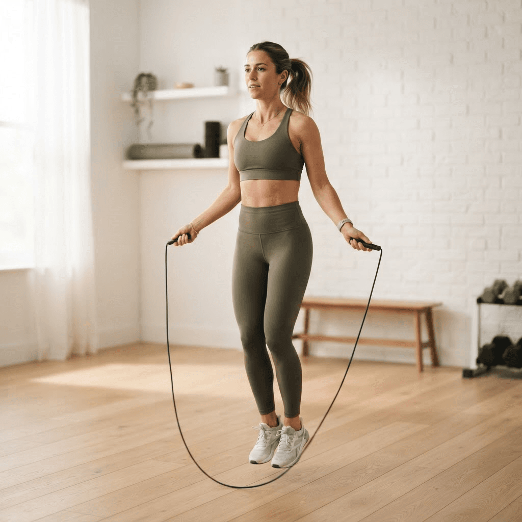 Woman demonstrating correct jump rope form with elbows tucked, wrists turning the rope, and a low soft landing on the balls of her feet