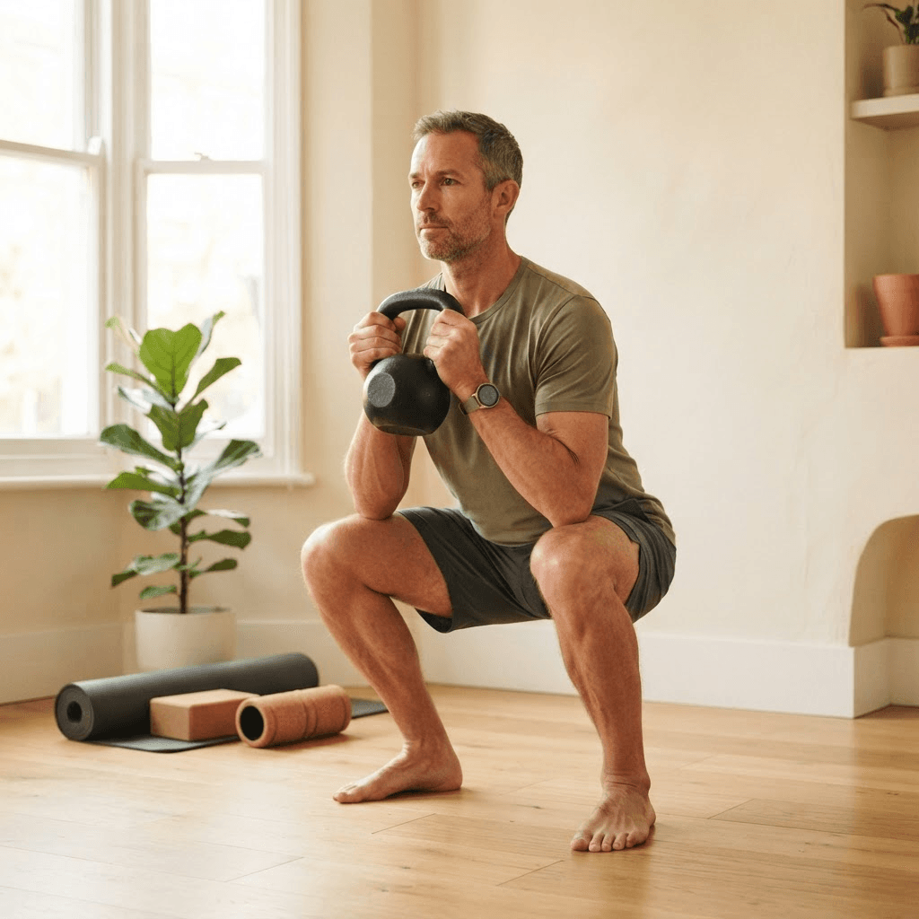 Man performing a kettlebell goblet squat at home holding the bell by the horns against his chest with elbows inside his knees