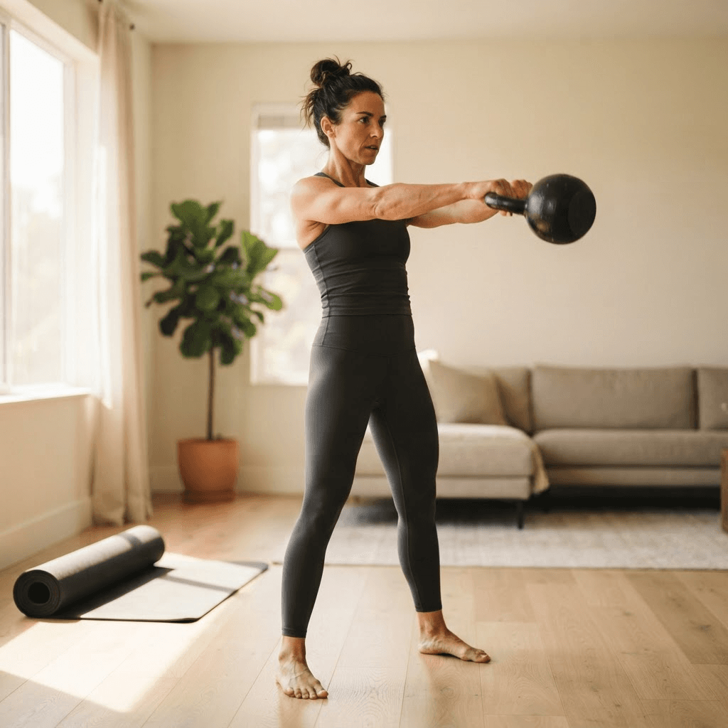 Woman at the top of a two-handed kettlebell swing during a full body fat loss workout in a bright home gym