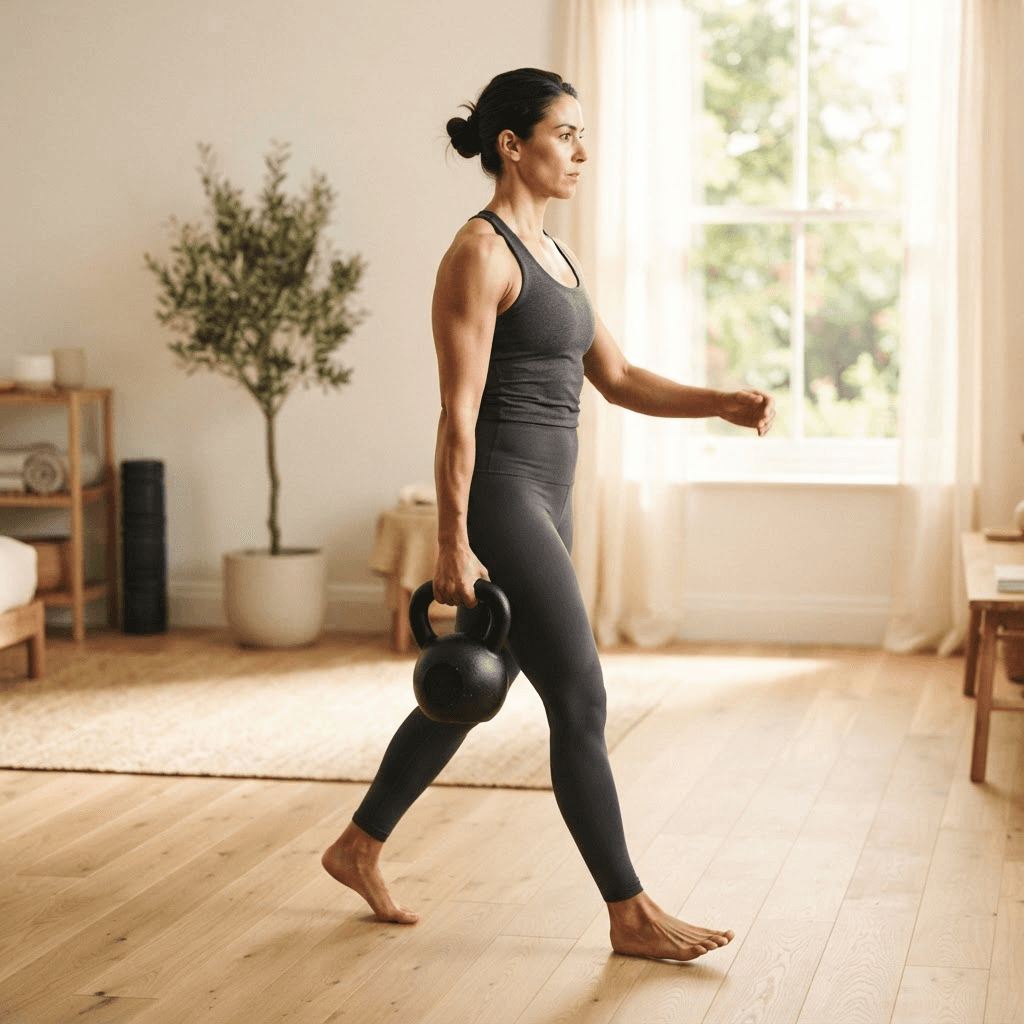 Woman doing a single-arm kettlebell suitcase carry at home staying upright and level to build oblique and core strength