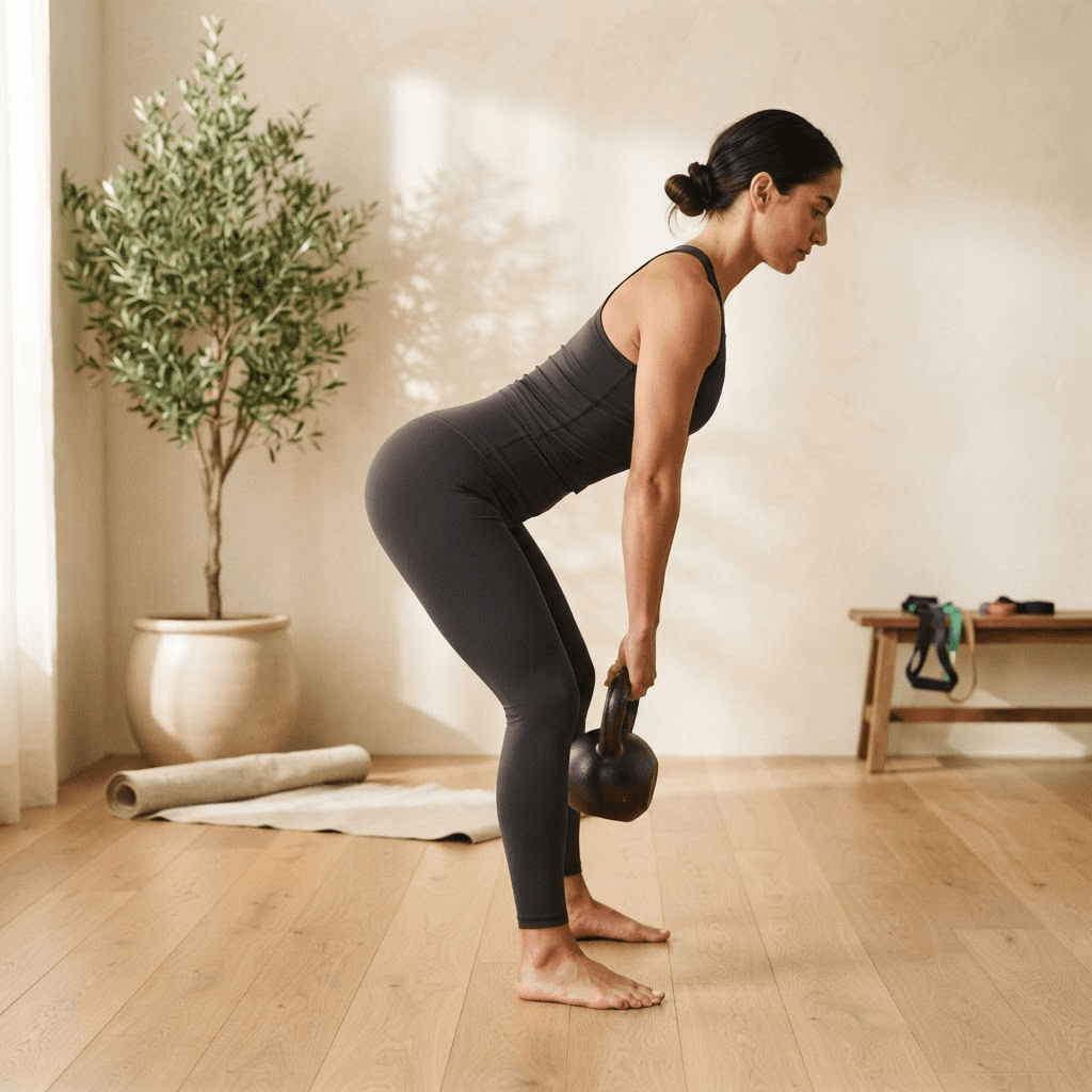 Side view of correct kettlebell swing hip hinge form with hips pushed back, shins vertical, flat back and the kettlebell swung between the thighs