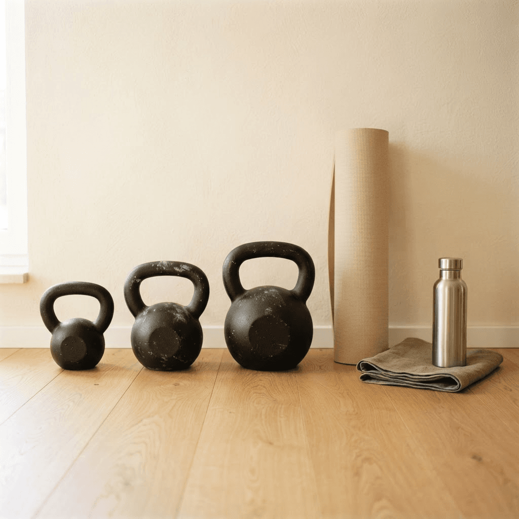 Three cast iron kettlebells in light, medium and heavy sizes on a wooden floor beside an exercise mat and water bottle for choosing a beginner weight