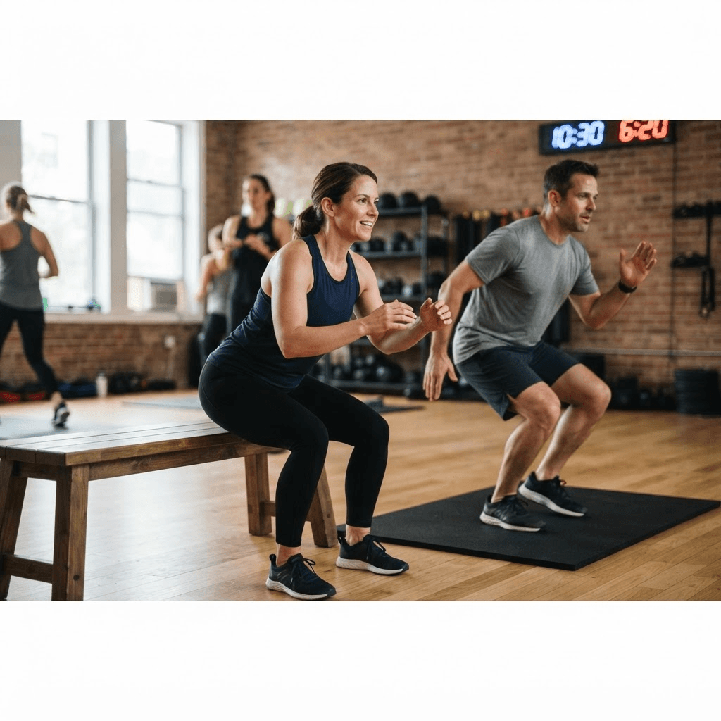 Two beginners alternating chair sit-to-stands and fast marching during low-impact HIIT intervals