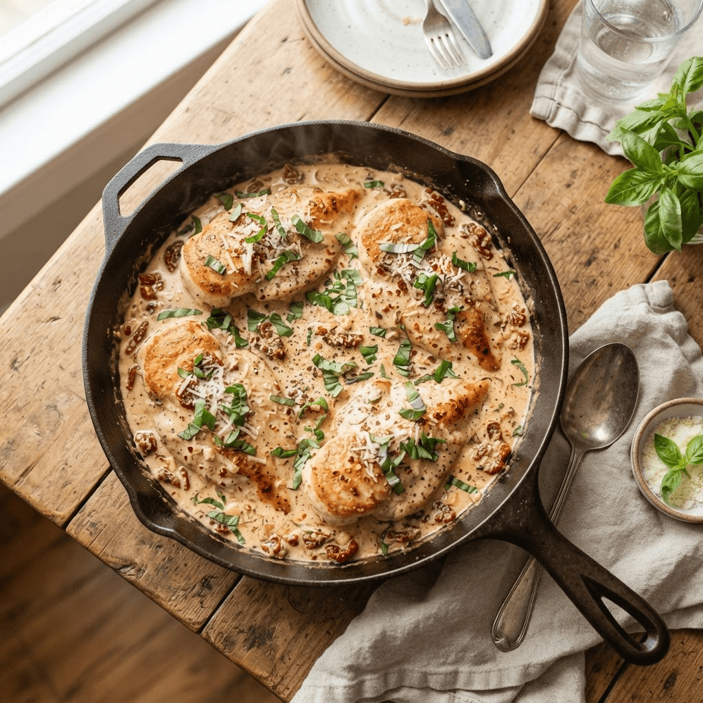 Overhead cast-iron skillet of lightened-up marry me chicken with golden chicken breasts in a creamy sun-dried tomato sauce, fresh basil and parmesan