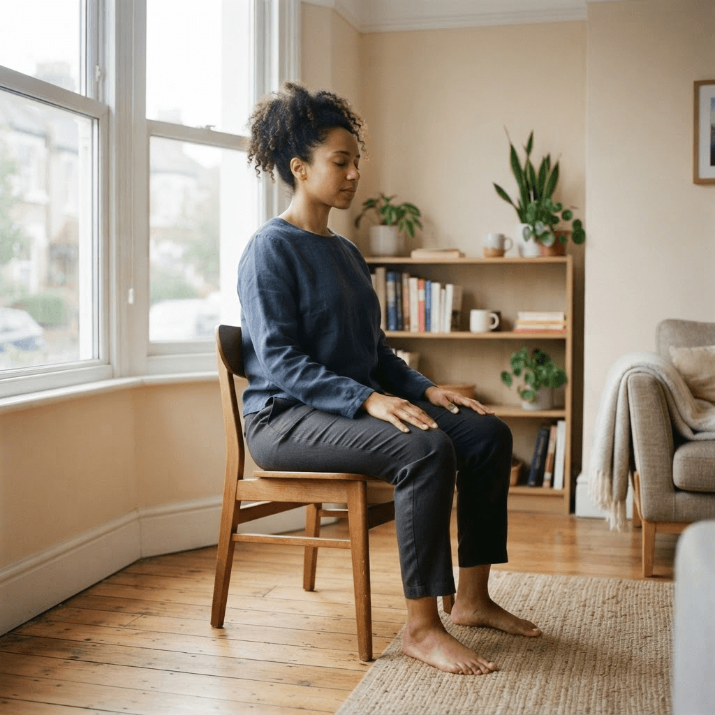 Beginner sitting upright in a chair with feet flat and hands resting on the thighs for meditation