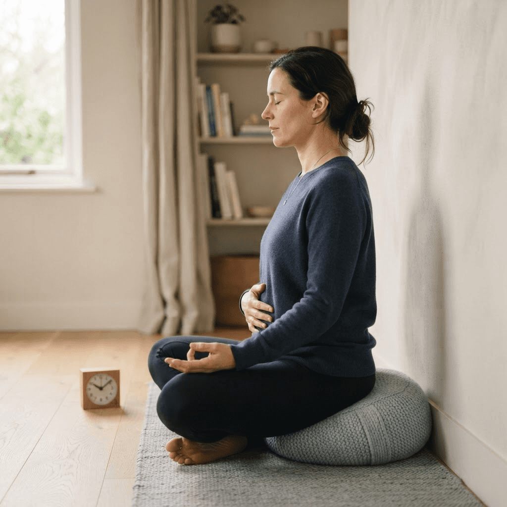 Beginner noticing natural breathing with one hand lightly resting on the abdomen beside a small timer