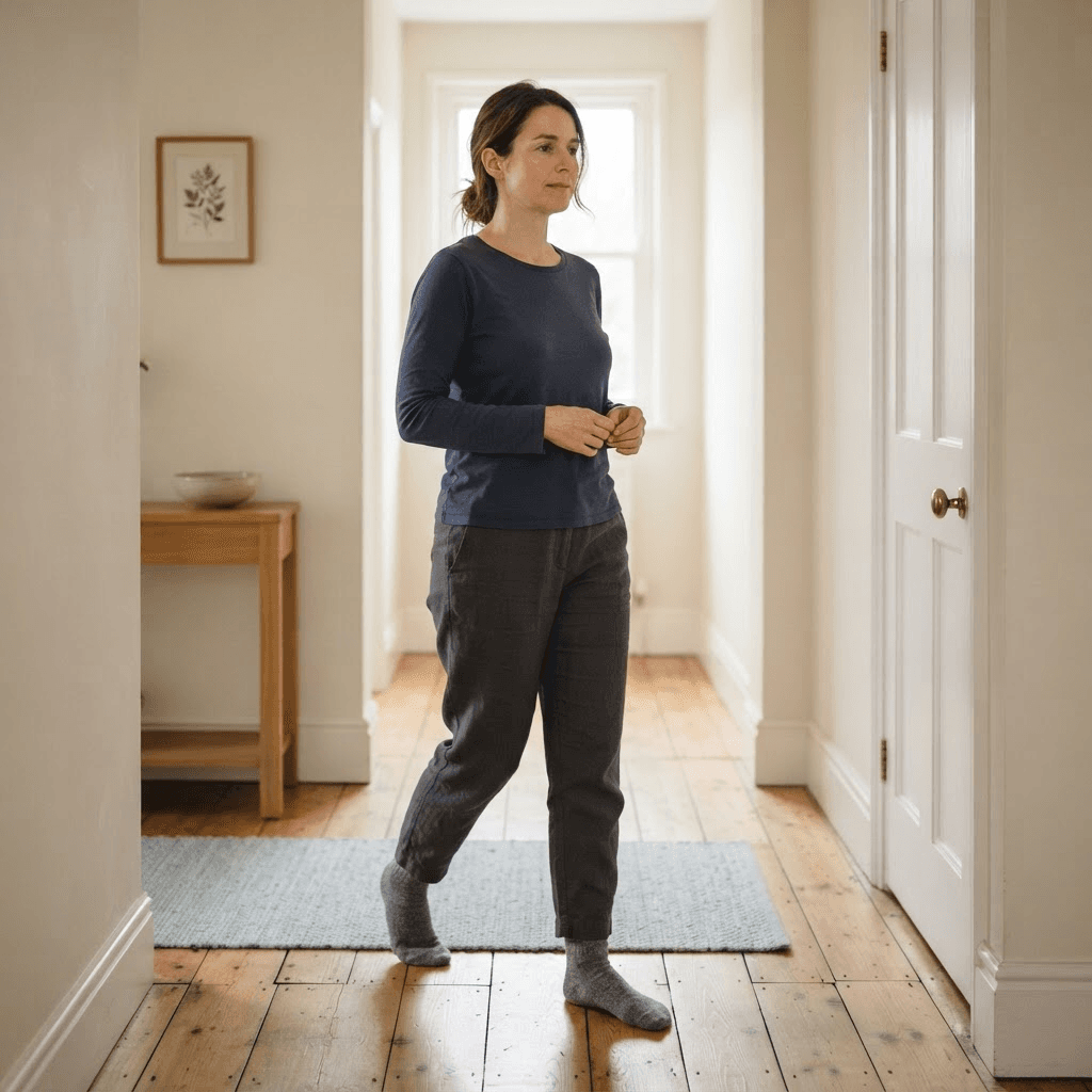 Beginner practicing slow mindful walking indoors with eyes open and attention on each step