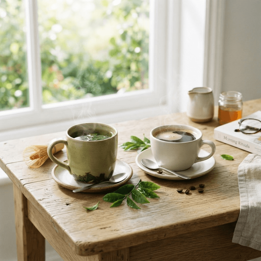 A cup of green tea and a cup of black coffee on a bright wooden table, drinks often marketed as metabolism boosters