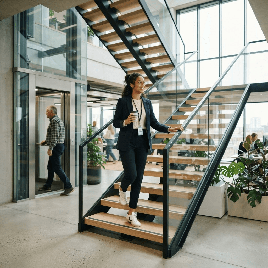 Person choosing to walk up a bright office staircase instead of taking the lift, an example of non-exercise activity that raises daily metabolism
