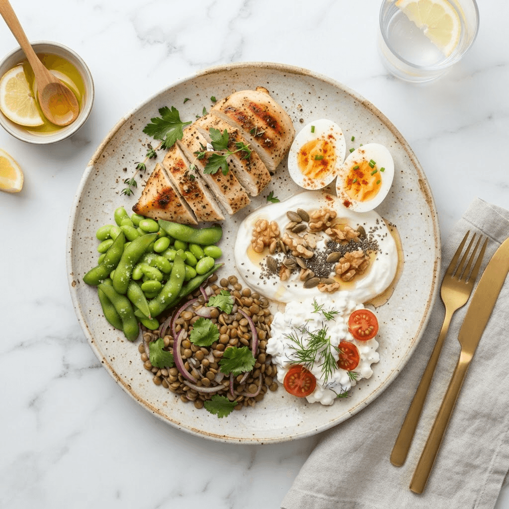 Overhead view of a high-protein meal with grilled chicken, eggs, Greek yogurt, cottage cheese, lentils and edamame on a light plate