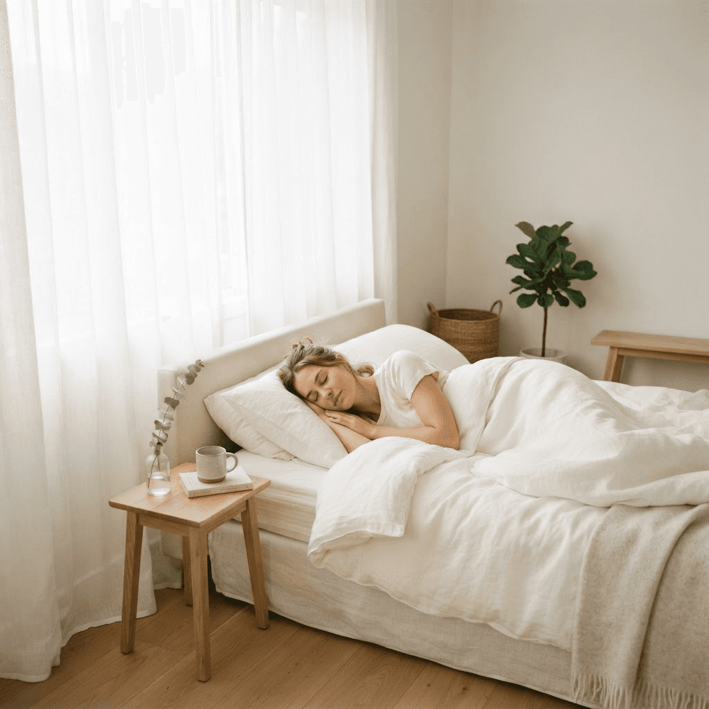 Person sleeping peacefully in a bright, minimalist bedroom with soft morning light