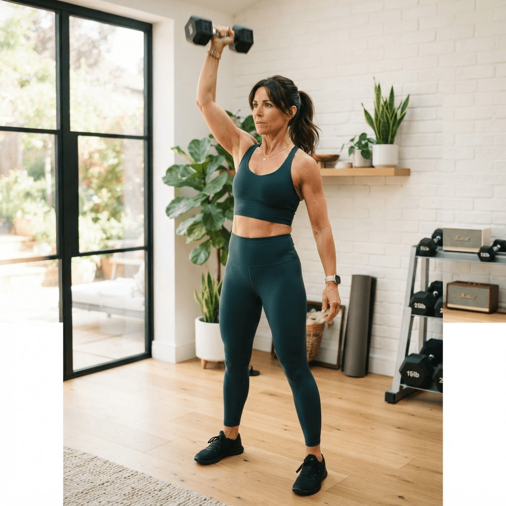 Woman in her forties doing a dumbbell strength-training exercise in a sunlit room to build and protect lean muscle