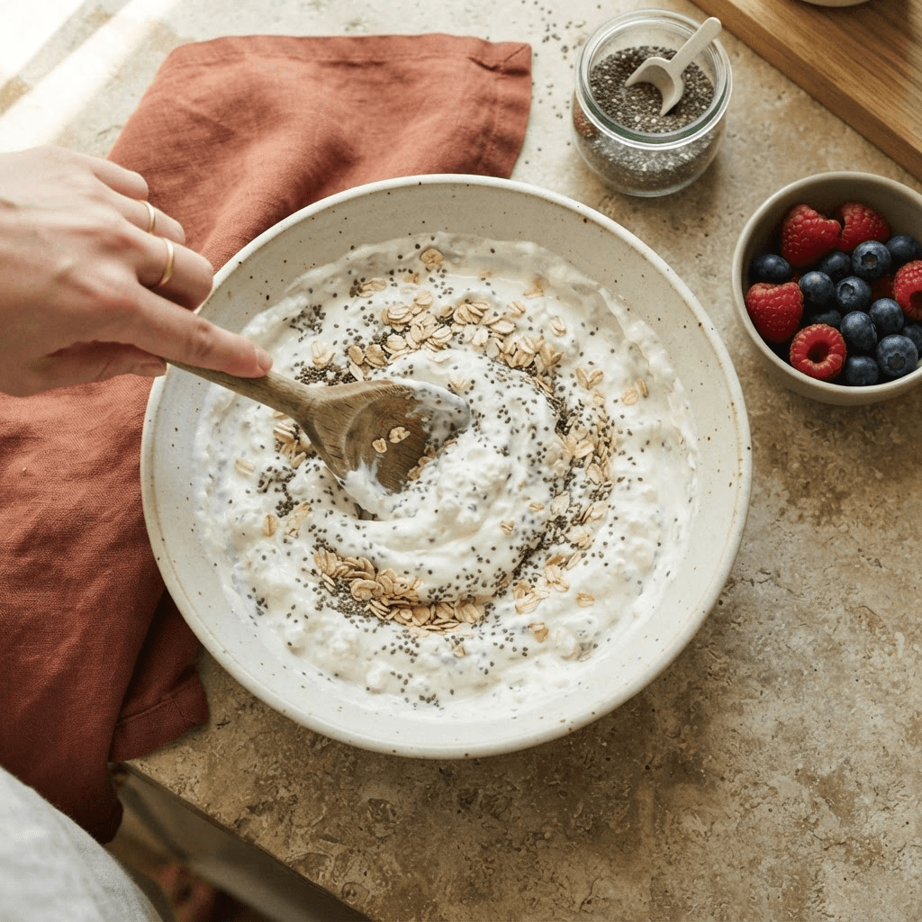 Wooden spoon folding rolled oats and chia seeds into a creamy yogurt and cottage cheese mixture