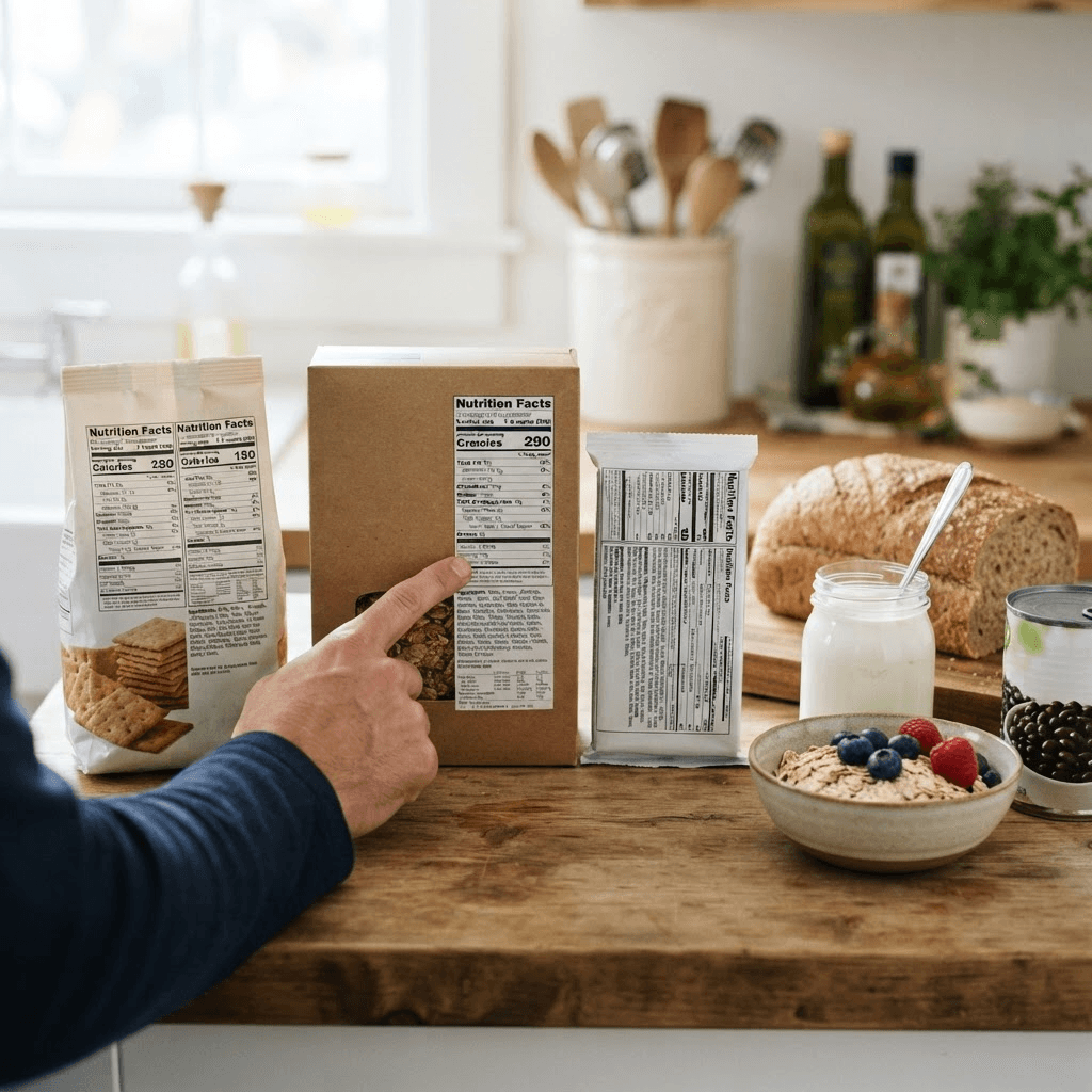 Shopper examining ingredient lists on packaged foods beside whole grains, yogurt, berries and beans