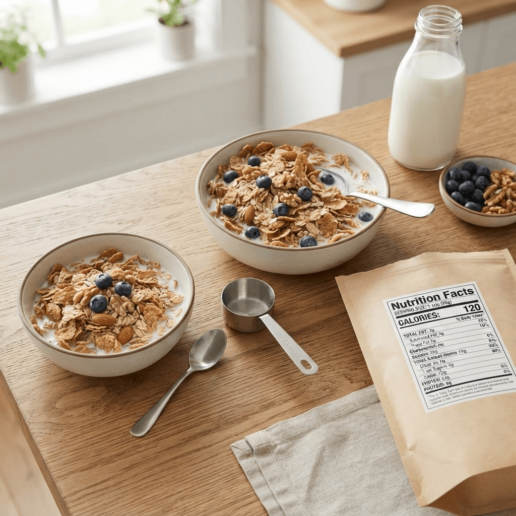 Two bowls comparing a labeled cereal serving with a larger commonly poured portion beside a measuring cup
