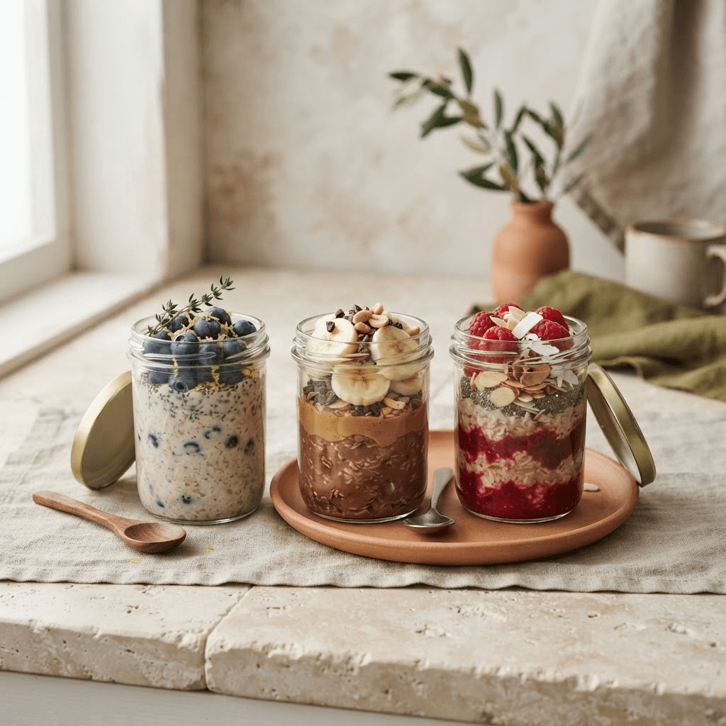 Three jars of overnight oats topped with blueberry lemon, chocolate peanut butter banana and raspberry almond combinations