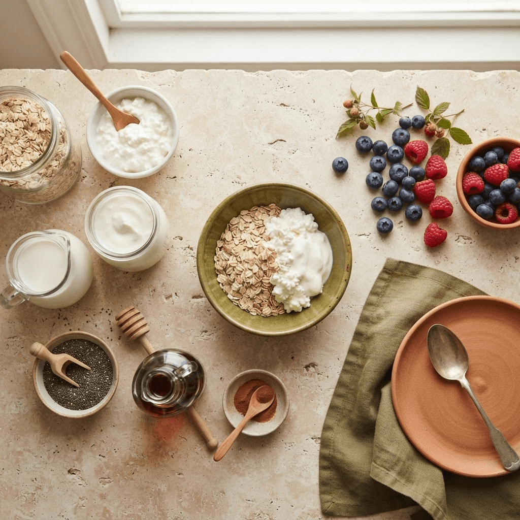 Rolled oats, cottage cheese, Greek yogurt, milk, chia seeds, maple syrup, cinnamon and berries arranged on a counter