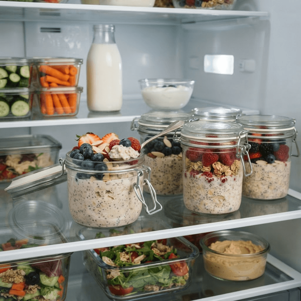 Four covered overnight oat jars stored on a refrigerator shelf with one open jar showing thick berry oat texture