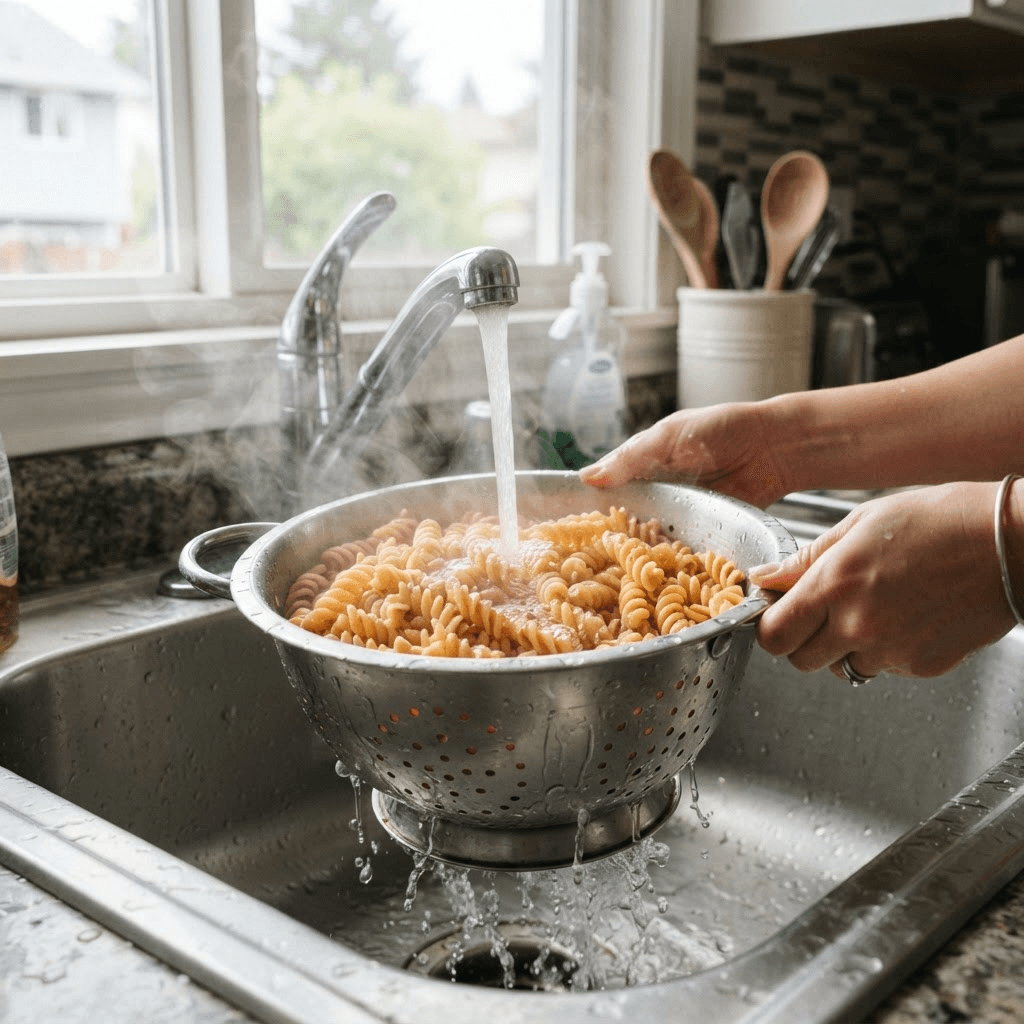 Cooked chickpea rotini being rinsed under cold water in a metal colander in a kitchen sink