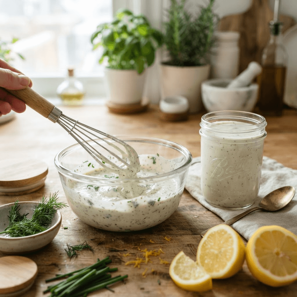 Creamy cottage cheese and Greek yogurt dressing being whisked in a glass bowl with lemon and herbs nearby