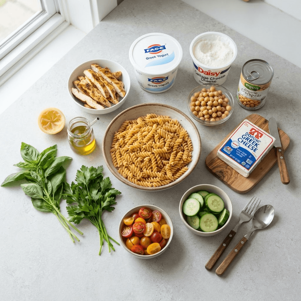 Flat lay of chickpea rotini, cottage cheese, Greek yogurt, cherry tomatoes, cucumber, feta, chickpeas, herbs, lemon and grilled chicken