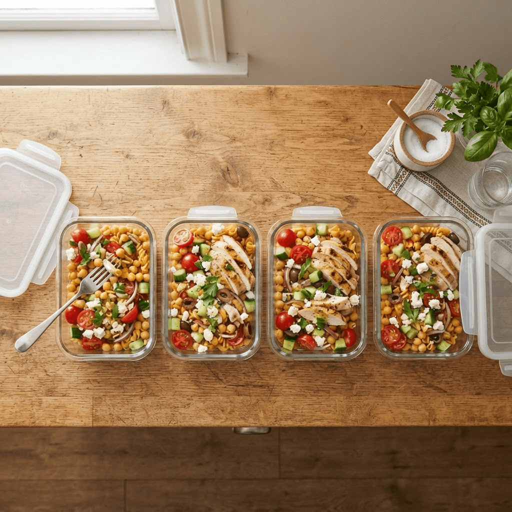 Four glass meal-prep containers filled with high-protein pasta salad arranged in a row with one open and a fork