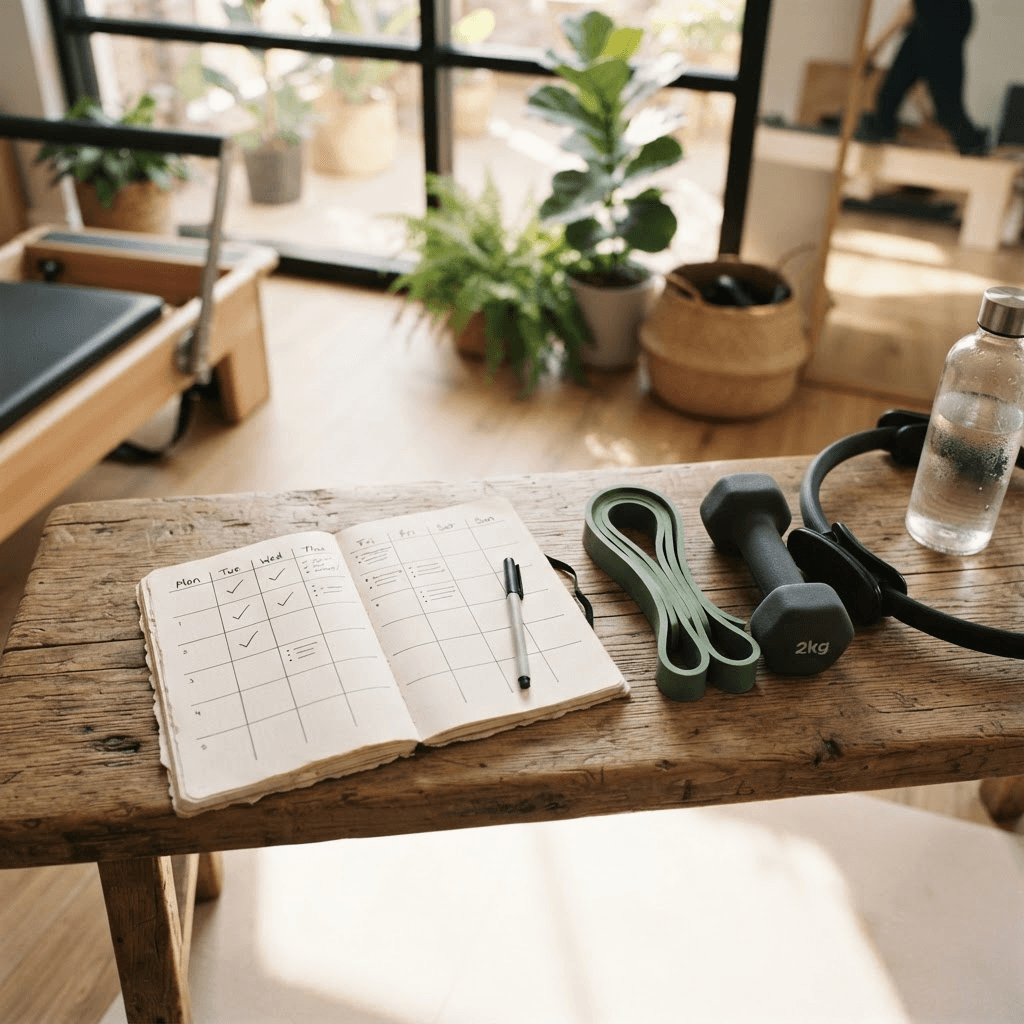 Weekly Pilates and weight training progression plan beside a Pilates ring and dumbbell