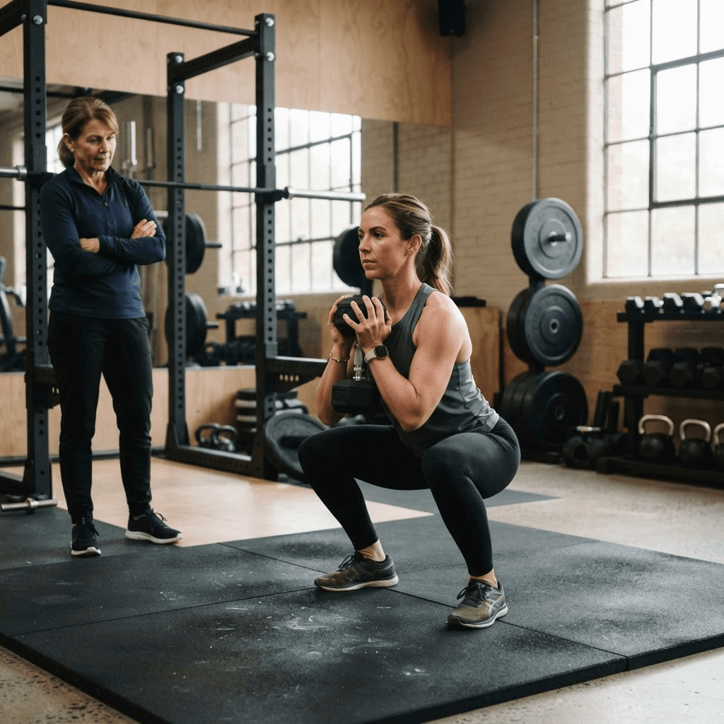 Woman performing a controlled goblet squat with a dumbbell while a strength coach observes