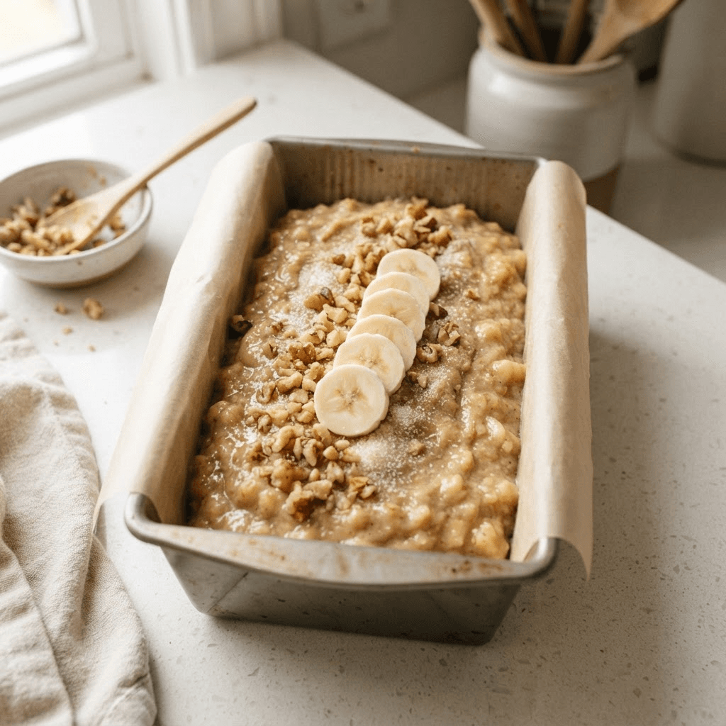 Thick banana bread batter spread into a parchment-lined loaf pan, topped with banana slices and chopped walnuts