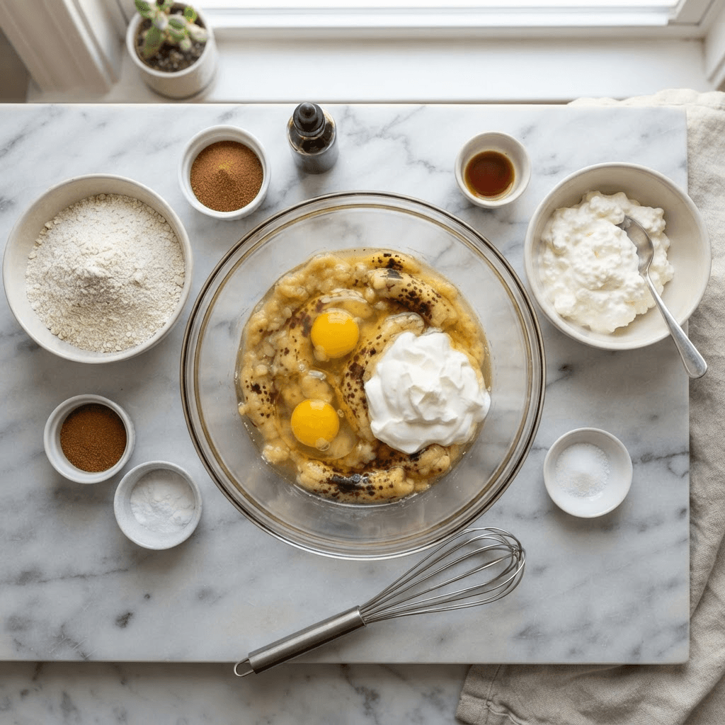 Glass bowl of mashed very ripe spotty bananas with cracked eggs and a spoon of Greek yogurt, beside bowls of oat flour and cottage cheese on a marble counter