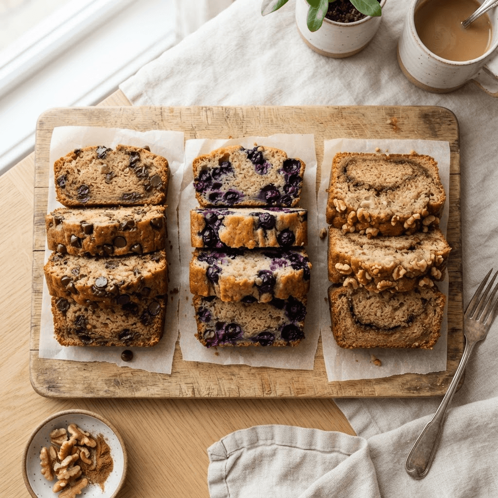 Three stacks of banana bread slices showing chocolate chip, blueberry, and walnut cinnamon variations on parchment paper