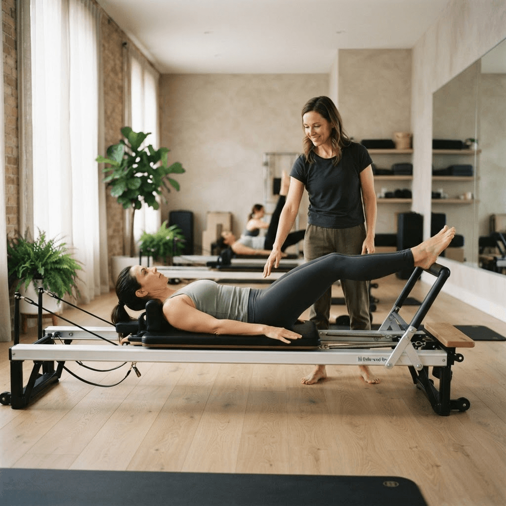 Pilates instructor cueing a woman through controlled reformer footwork for core stability