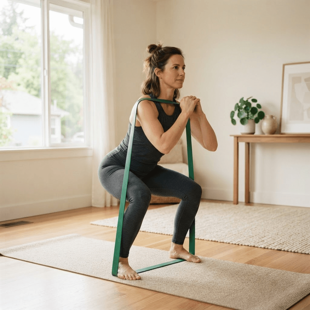Beginner performing a controlled squat with a long green resistance band in a bright living room