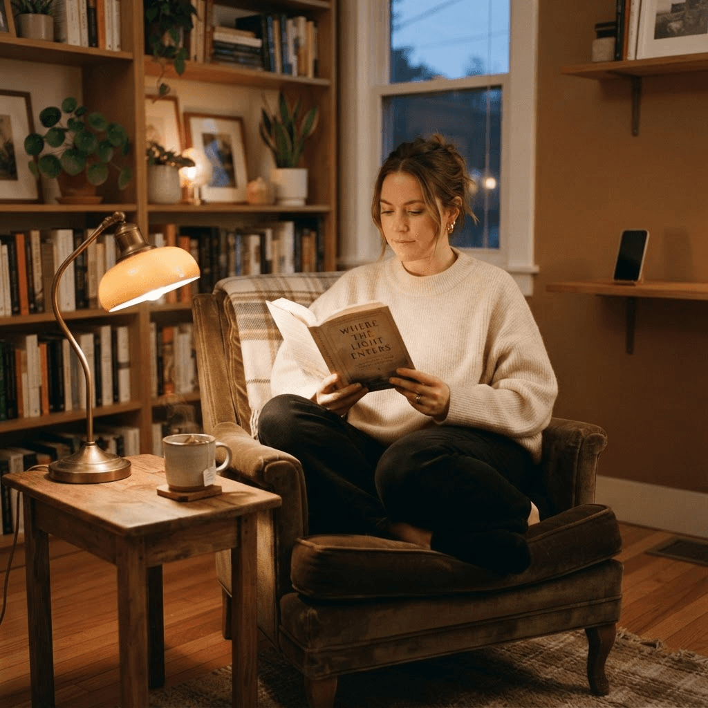 Person reading a paperback in a warmly lit armchair with tea, phone placed face-down across the room